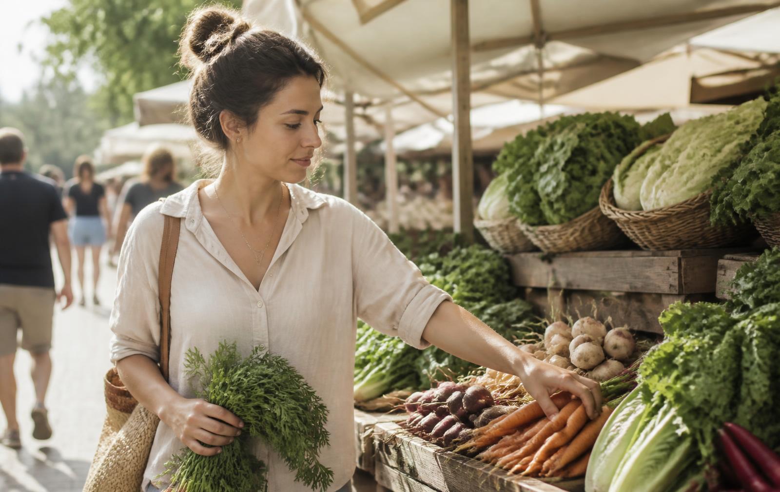 Une femme choisit des légumes frais sur un marché ensoleillé