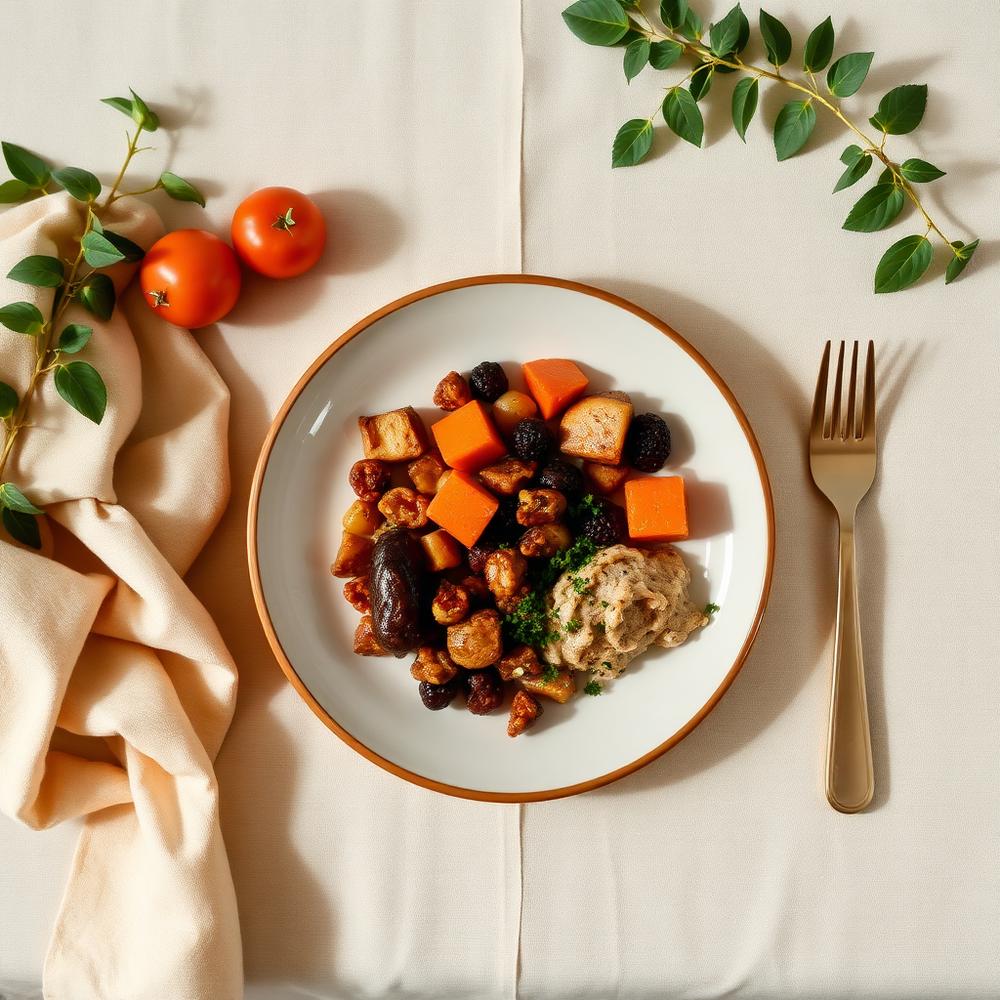 Une assiette équilibrée et simple posée sur une nappe en lin clair